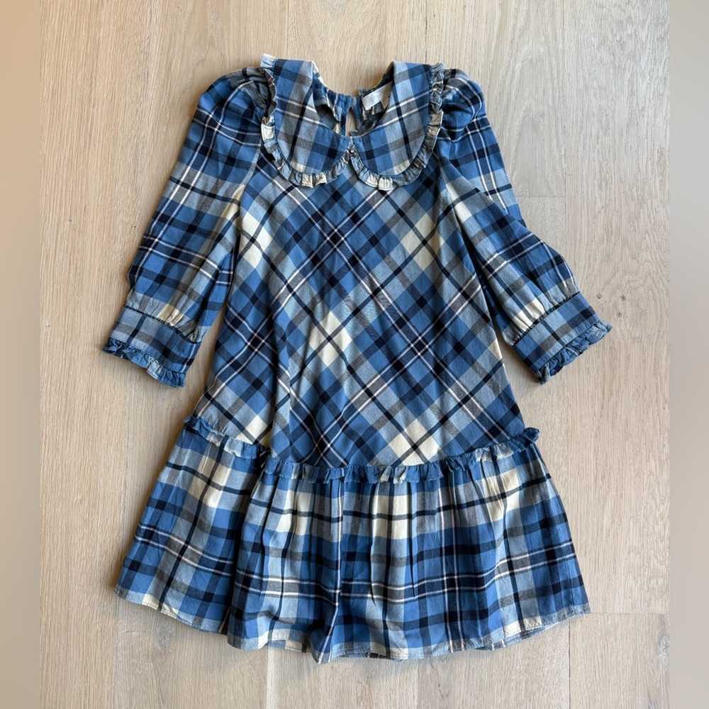 LoveShackFancy Blue and Cream Plaid Kids Dress
